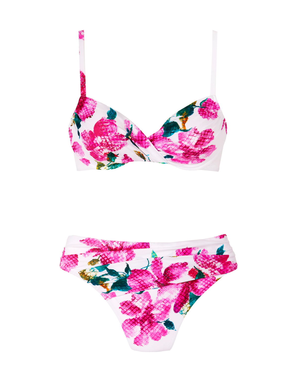 Bikini Pamela marca Roidal, de dos piezas con estamapado floral en rosa,blanco y verde